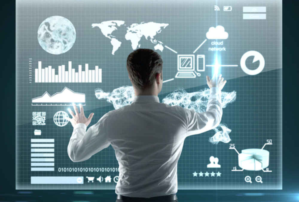 man interacting with futuristic display