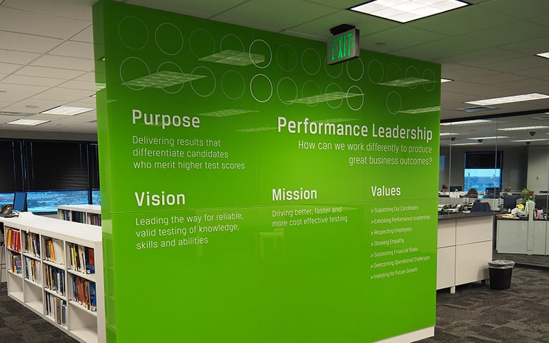 Glass wall with vinyl graphics applied -  Custom Wall Covering