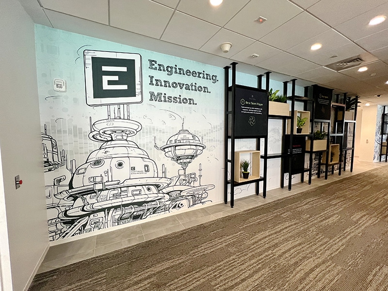 Enlighten Software Engineering large format wall graphics and shelving